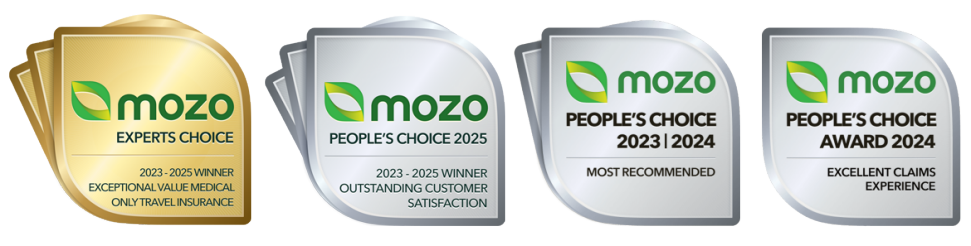 Photo of an array of badges that Mozo has awarded Australia Post Travel Insurance:
Expert's Choice 2023-2025 for Exceptional Value, Medical Only Travel Insurance
People's Choice 2023-2025 for Outstanding Customer Satisfaction
People's Choice 2023-2024 for Most Recommended
People's Choice Award 2024 for Excellent Claims Experience