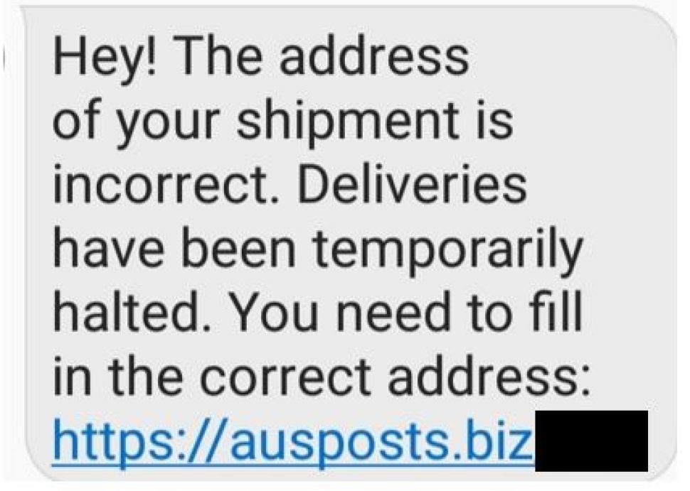 An SMS text is shown with the text “Hey! The address of your shipment is incorrect. Deliveries have been temporarily halted. You need to fill in the correct address:” followed by below link
https://ausposts.biz/<masked>
