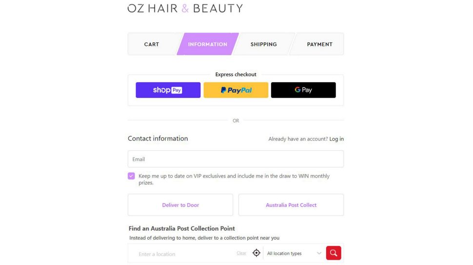 Screenshot of the checkout page on OZ Hair & Beauty’s website  