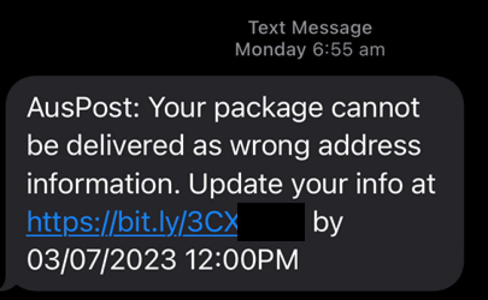 An image of a text message is shown with below text.
“AusPost: Your package cannot be delivered as wrong address information. Update your info at https://bit.ly/3C<masked> by 03/07/2023 12:00PM”