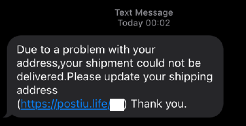 An image of a text message is shown with below text.
“Due to a problem with your address, your shipment could not be delivered.
Please update your shipping address
https://postiu.life/<masked>”
