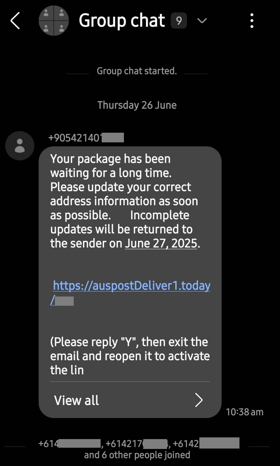 Screenshot of a message about an Australia parcel delivery issue. It states the shipment is suspended due to a missing house number and includes a link to update the address, with instructions to activate it via Safari or by replying "Y".